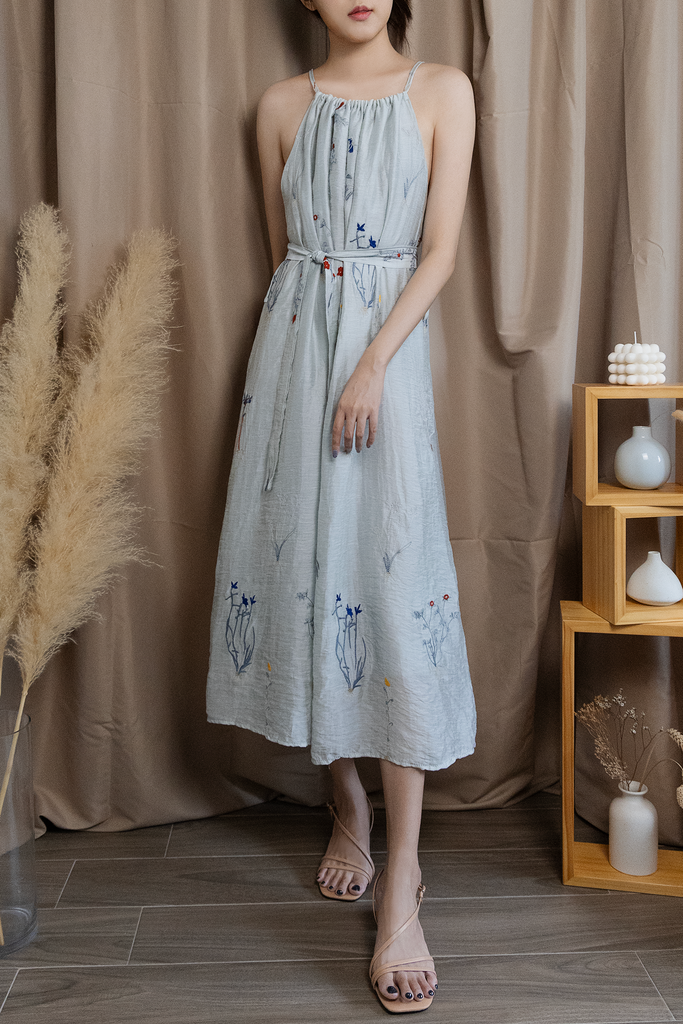 Floral Embroidery Halter Dress