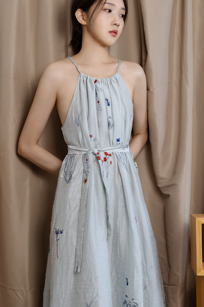 Floral Embroidery Halter Dress