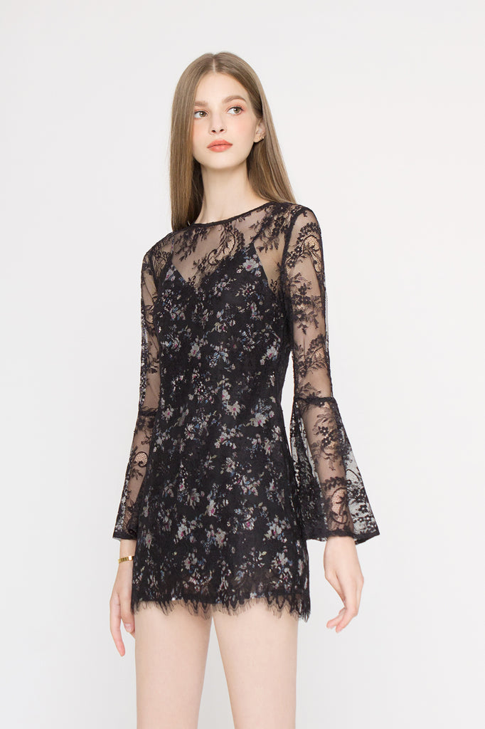 *Backorder* Lace Floral Bell Sleeves Dress