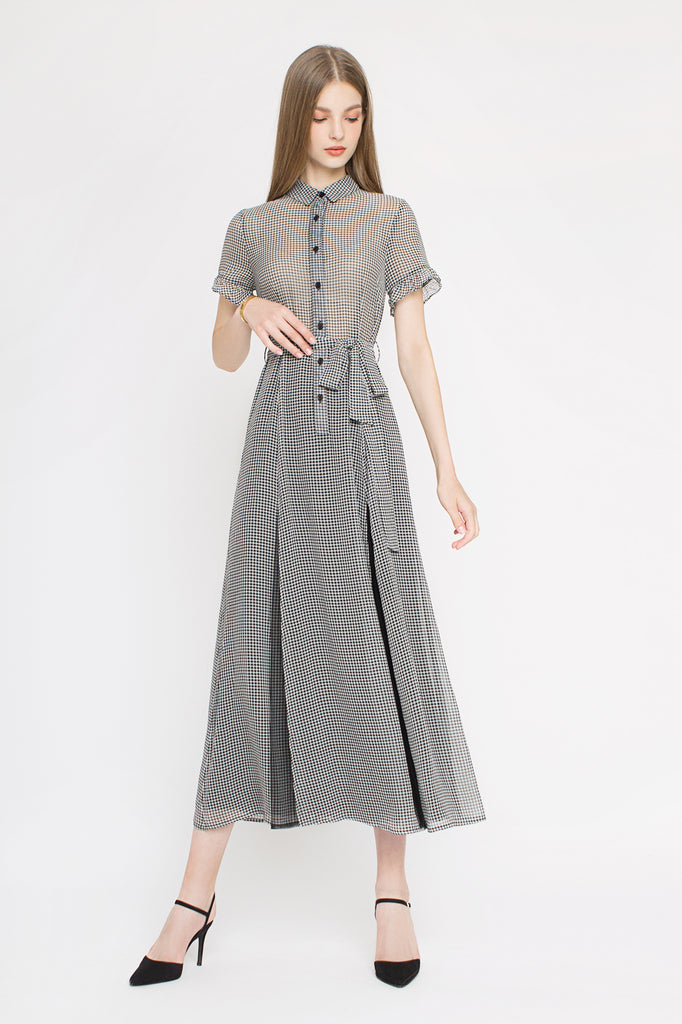 Gingham Mesh-insert Maxi Dress
