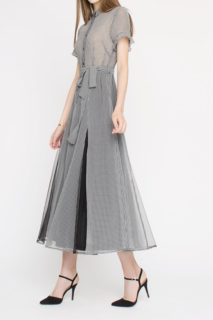 Gingham Mesh-insert Maxi Dress
