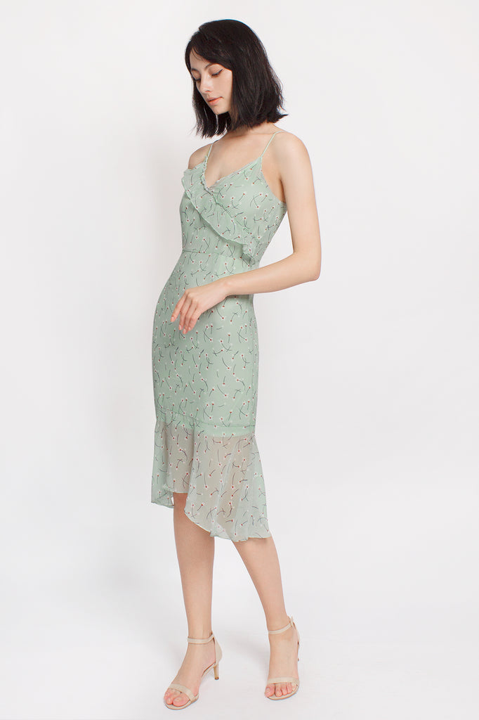 Ruffled Floral Mermaid Midi Dress