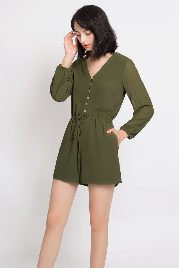 Button Drawstring Romper