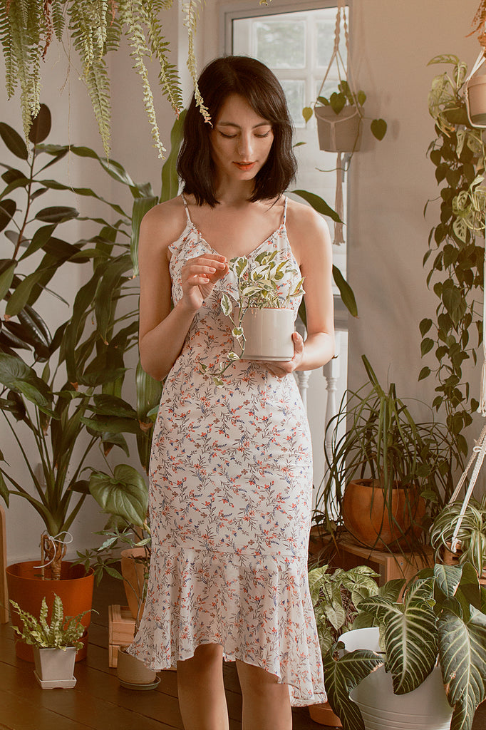 Ruffled Floral Mermaid Midi Dress