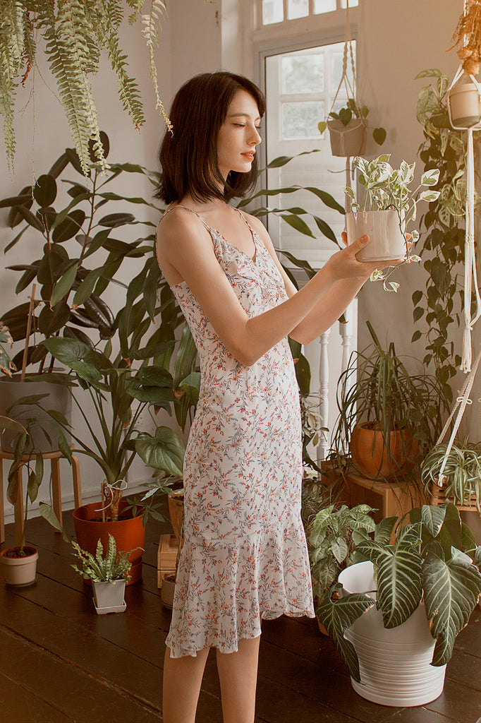 Ruffled Floral Mermaid Midi Dress