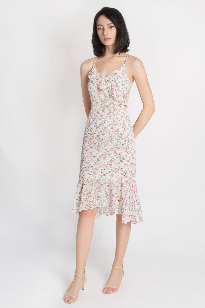 Ruffled Floral Mermaid Midi Dress