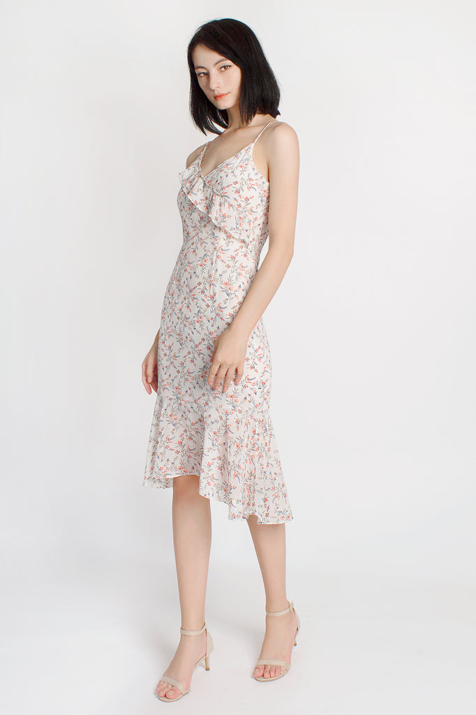 Ruffled Floral Mermaid Midi Dress
