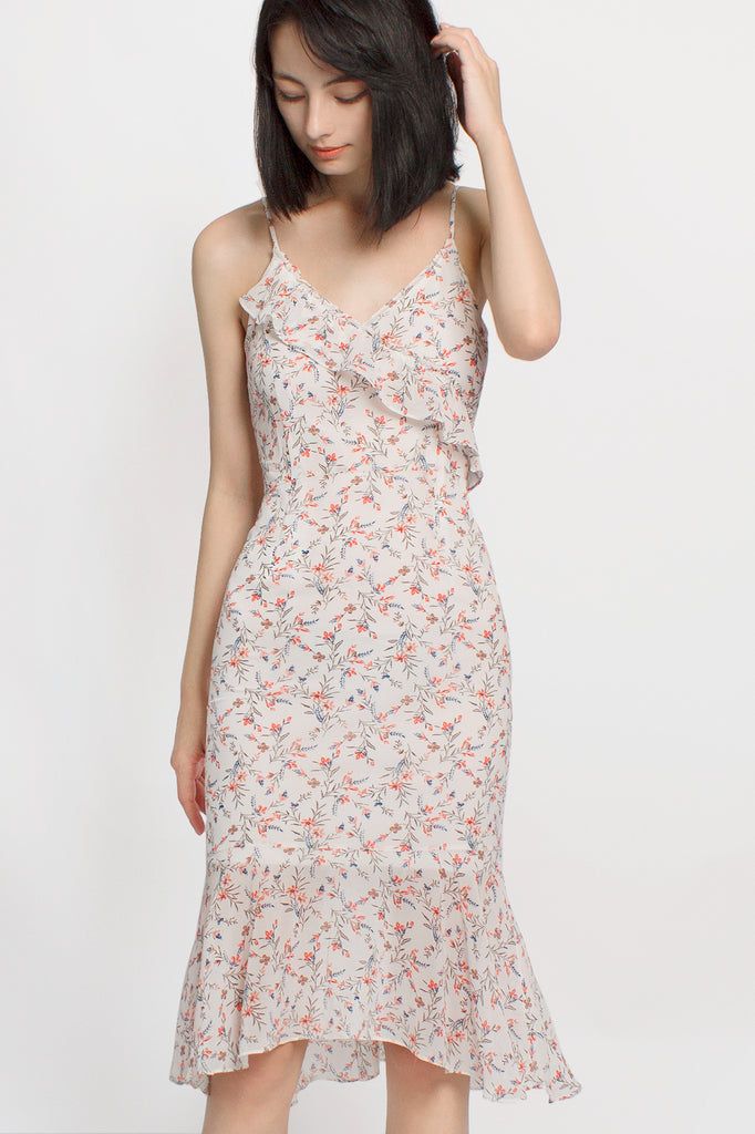 Ruffled Floral Mermaid Midi Dress