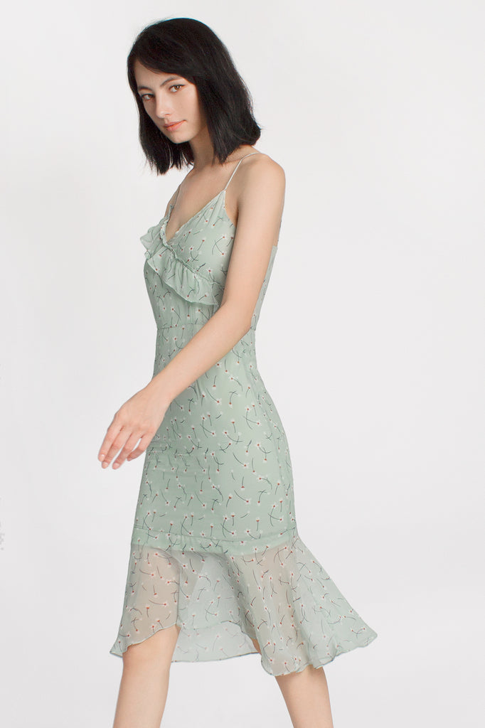 Ruffled Floral Mermaid Midi Dress