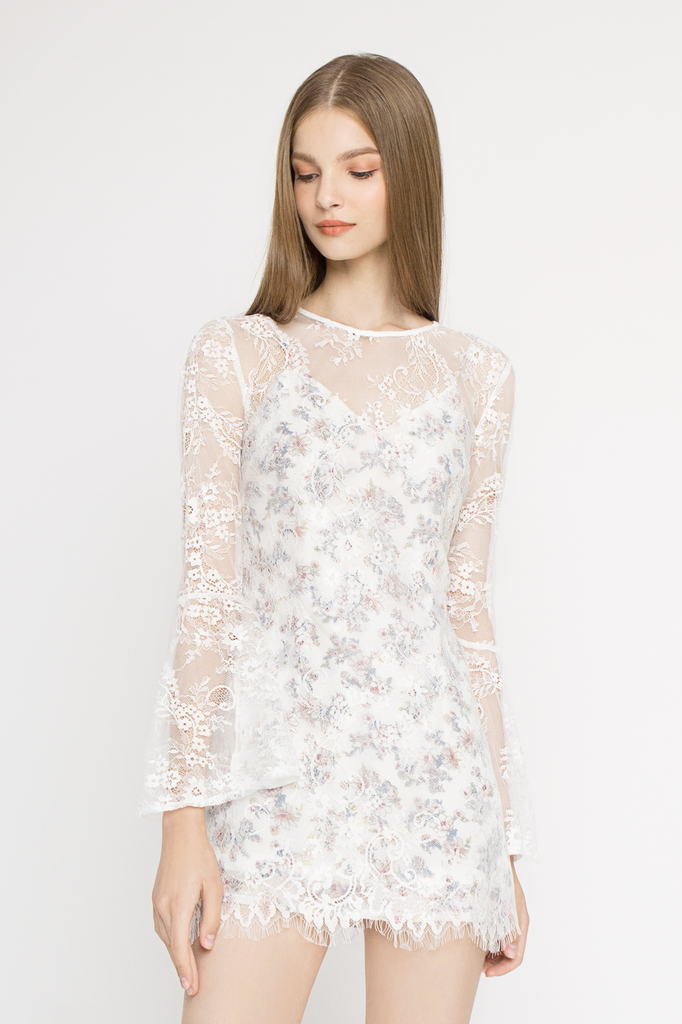 *Backorder* Lace Floral Bell Sleeves Dress